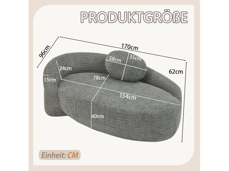  Canapé droit fixe 1 place en tissu bouclette gris foncé, design arrondi avec coussin, idéal pour petits espaces  - Conforama C