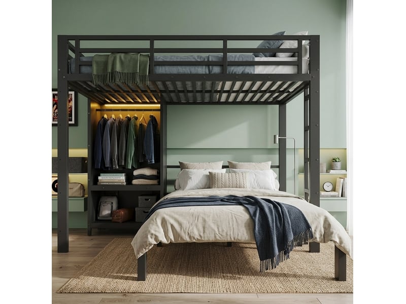  Lit superposé 120x200 cm avec penderie et éclairage led en métal noir  - Conforama C
