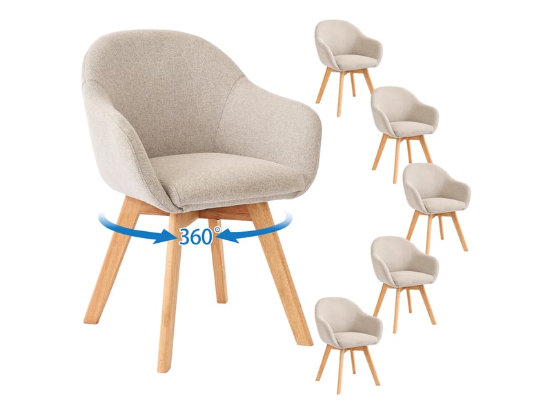  Lot de 6 chaises de salle à manger pivotantes à 360° – tissu effet lin respirant, pieds en bois massif - beige  - Conforama A