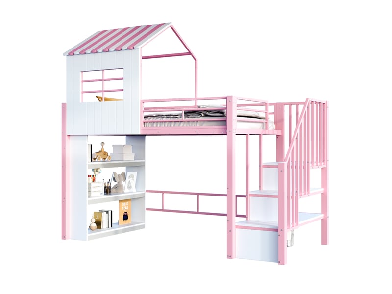  Lit enfant en mezzanine, 90 x 200 cm, lit simple avec escalier aménagé, matelas non inclus, mdf et métal, coloris noir  - Conforama A