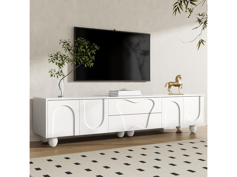  Meuble tv 180cm, design minimaliste et élégant avec grand rangement et pieds en bois meuble tv avec rangement  - Conforama B