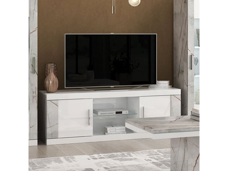  Meuble tv 2 portes 2 niches blanc et aspect marbre gris-brun - nervy NERVY - Conforama B