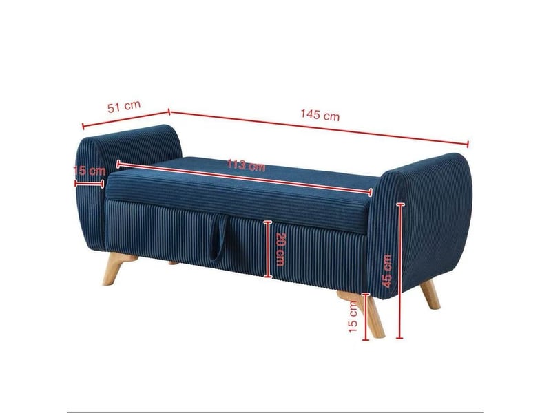 Banquette coffre tcqpz pliable 145 x 51 x 57 cm en velours côtelé bleu avec pieds en bois - Conforama C