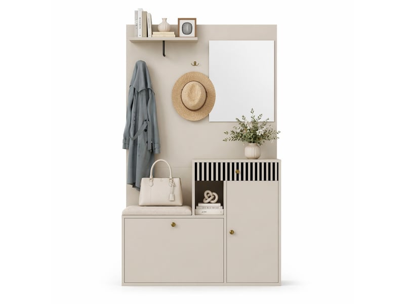  Meuble d'entrée avec miroir, assise rembourrée, crochets et étagères réglables en mdf beige crème 110 × 37 × 185,5 cm  - Conforama A