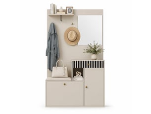 Meuble d'entrée avec miroir, assise rembourrée, crochets et étagères réglables en mdf beige crème 110 × 37 × 185,5 cm
