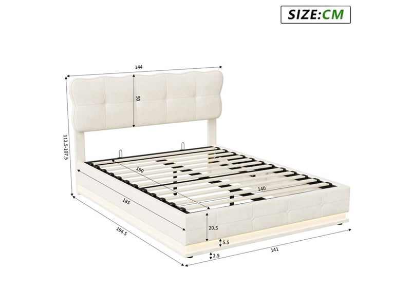  Lit 140x190 cm, rgb led, hydraulique, moderne, cadre de lit double 140x190 cm, velours, beige  - Conforama R