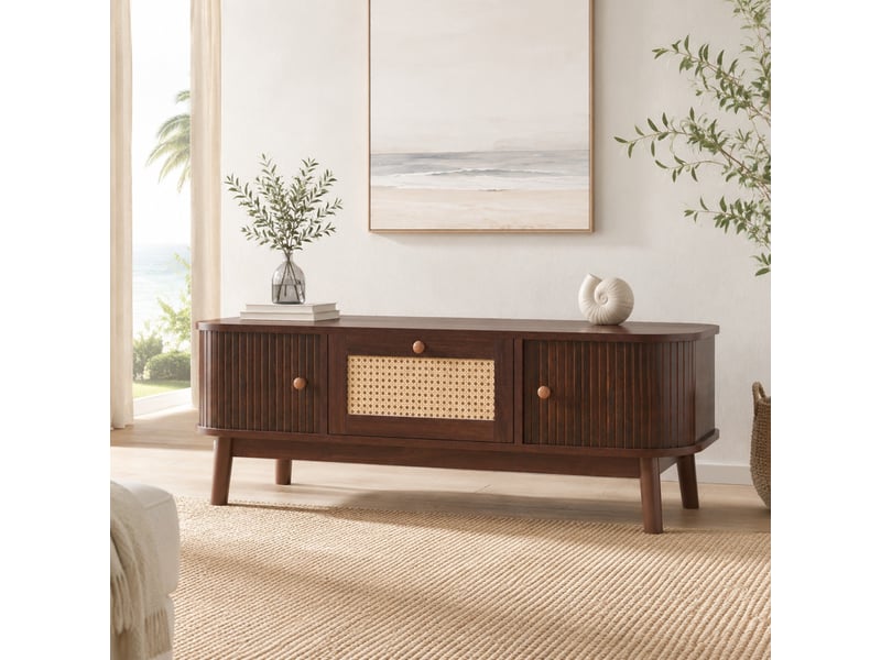  Table basse 110x55x38.5 cm avec tiroirs et portes, rotin et mdf coloris naturel  - Conforama B