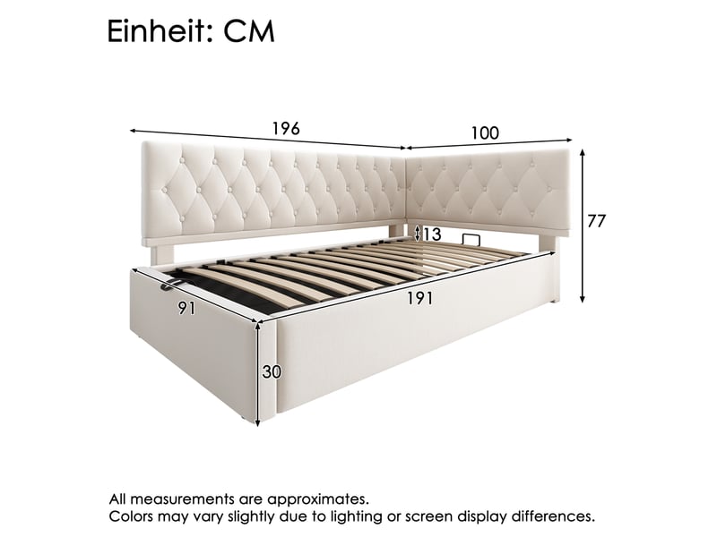  Lit coffre tcqpz 90 x 190 cm en velours beige avec rangement hydraulique, tête de lit réversible, sans matelas  - Conforama C
