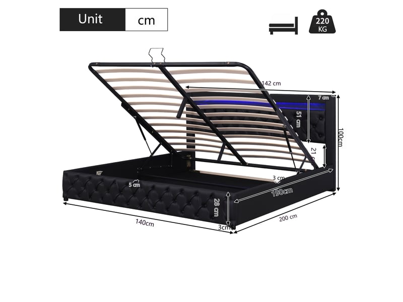  Lit capitonné, mesurant 140 x 190 cm, entièrement fonctionnel avec un sommier à lattes et un espace de rangement, rangement hydraulique, éclairage led, noir, matériau pu.  - Conforama C