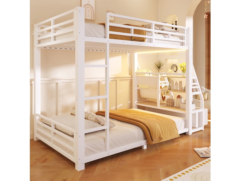 Lit superposé 2 couchages 90x200 cm, avec rangements et 2 tiroirs, led, métal et bois, blanc sans matelas - Conforama D