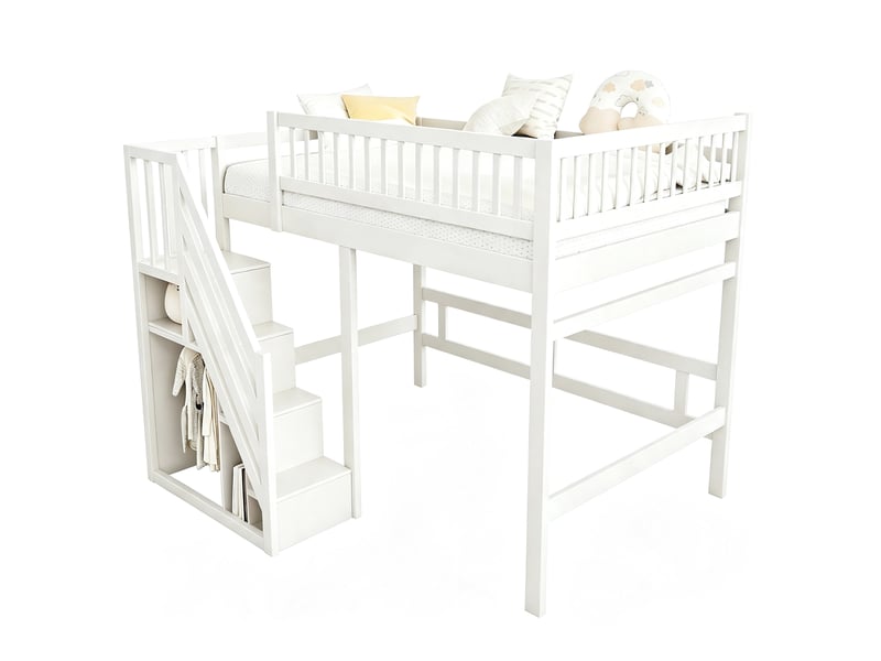  Lit surélevé enfant et adolescent 140 x 200 cm avec escalier de rangement, blanc  - Conforama A