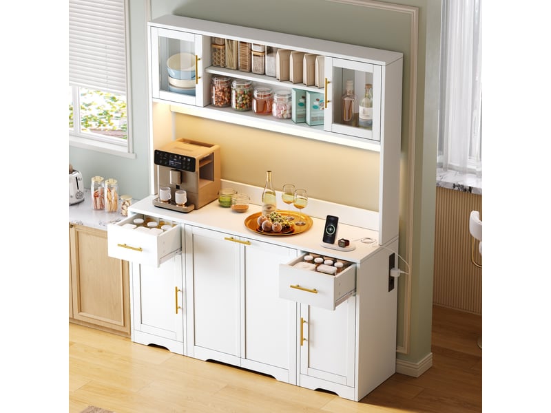  Buffet de cuisine - 173 x 140 x 40 cm - grand meuble de rangement avec meuble à poubelle intégré, éclairage led et prise - blanc  - Conforama D