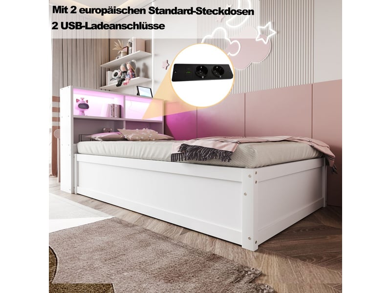  Gigogne 90x200, multifonctionnel, rangement intégré, structure bois massif, led multicolore  - Conforama E