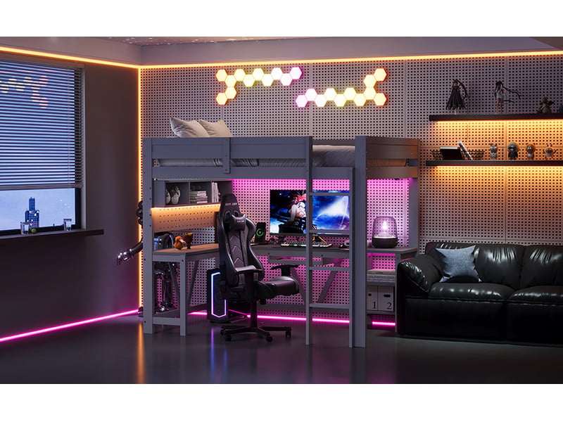 Lit superposé mezzanine 90x200 cm gris mdf et pin avec bureau rangements éclairage led et station de charge Sol Morn - Conforama B