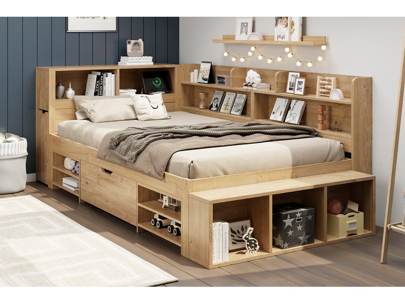  Lit enfant 90x200 cm avec rangements, tables de chevet, étagères et recharge sans fil, naturel, matelas non inclus  - Conforama C