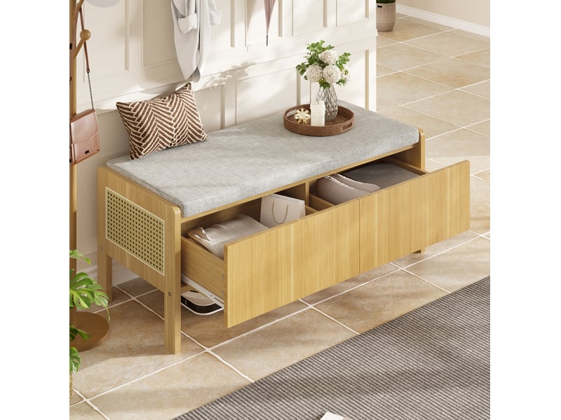  Meuble d'entrée avec espace de rangement, assise rembourrée et côtés en rotin pour couloir, gris naturel, 113 × 40 × 45,5 cm  - Conforama B