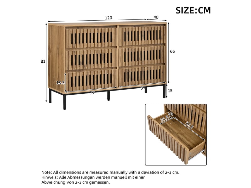  Commode 6 tiroirs - 120x40x81cm - buffet bas de rangement en bois effet lattes ajourées, pieds métal - chêne naturel  - Conforama D
