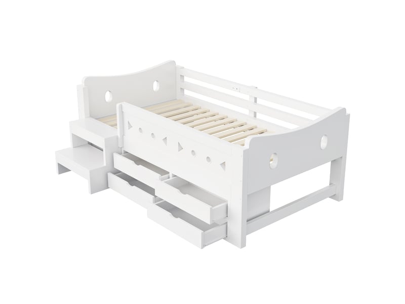  Lit jeune 90×200 cm blanc, lit enfant avec rangements, tiroirs, barrières de sécurité et éclairage led intégré, lit fonctionnel pour chambre d’enfant  - Conforama E