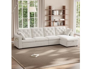 Canapé d'angle convertible réversible 281x132 cm – beige – coffre, poches latérales intégrées, 4 places