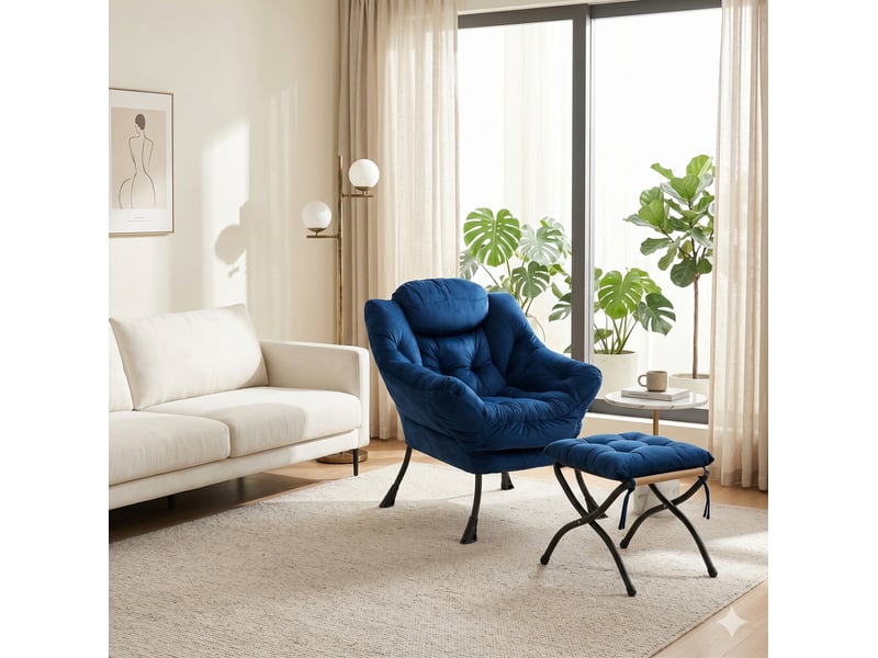  Fauteuil de salon avec repose-pieds bleu foncé  - Conforama D
