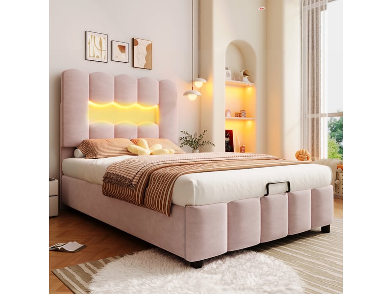  Lit simple rembourré 90x200 cm avec éclairage led, lit coffre avec tête de lit réglable, cadre de lit 1 personne en rose  - Conforama W