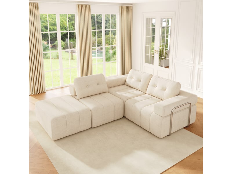  Canapé d’angle modulable 4 places en chenille beige, 258 × 165 × 79 cm IKSETERA TRADING LTD - Conforama D
