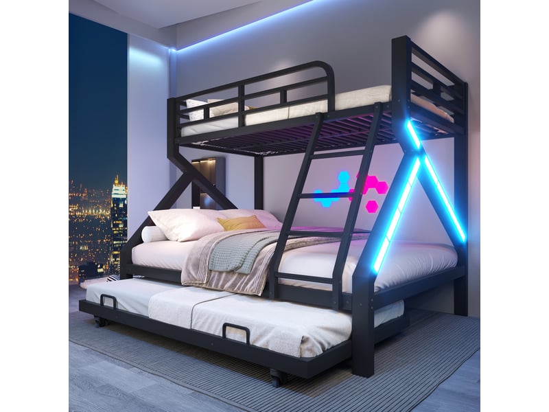 Lit superposé 90x200140x200 cm, 3 couchages avec lit gigogne 90x190 cm, led, garde-corps, échelle, métal et mdf noir, gain de place pour enfants - Conforama B