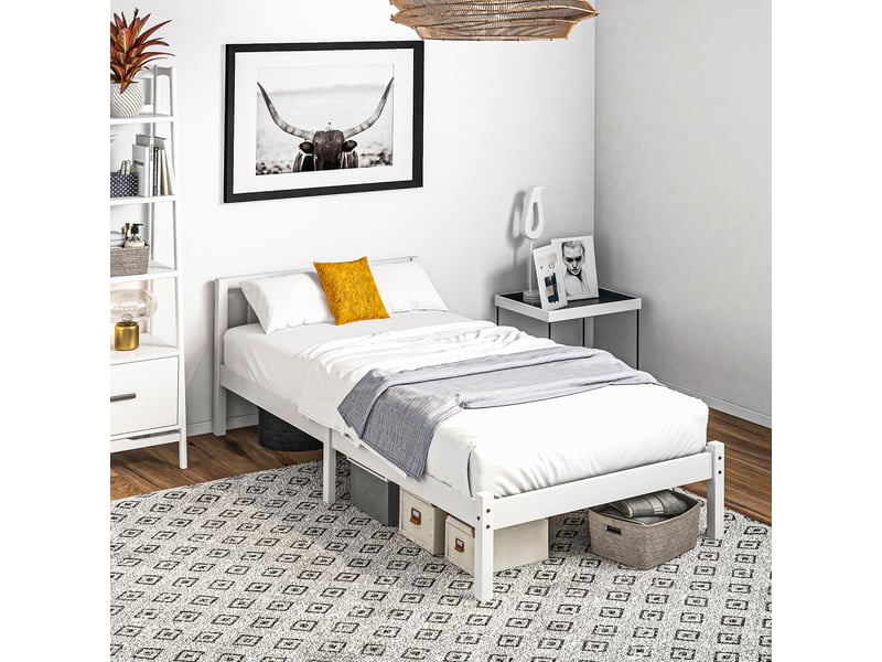 Lit simple bois 90x190 avec tête de lit, cadre de lit blanc en pin 198x96x70 cm  - Conforama C