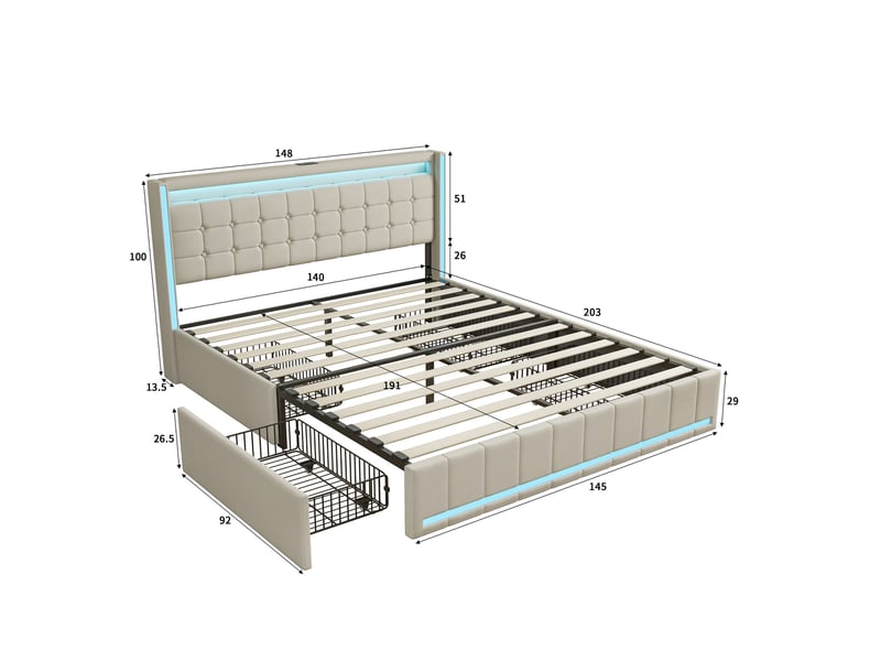  Lit adulte 140x190 cm toile de lin - 4 tiroirs métal - tête de lit led intégrée avec ports usb - éclairage d'ambiance pied de lit - beige  - Conforama E