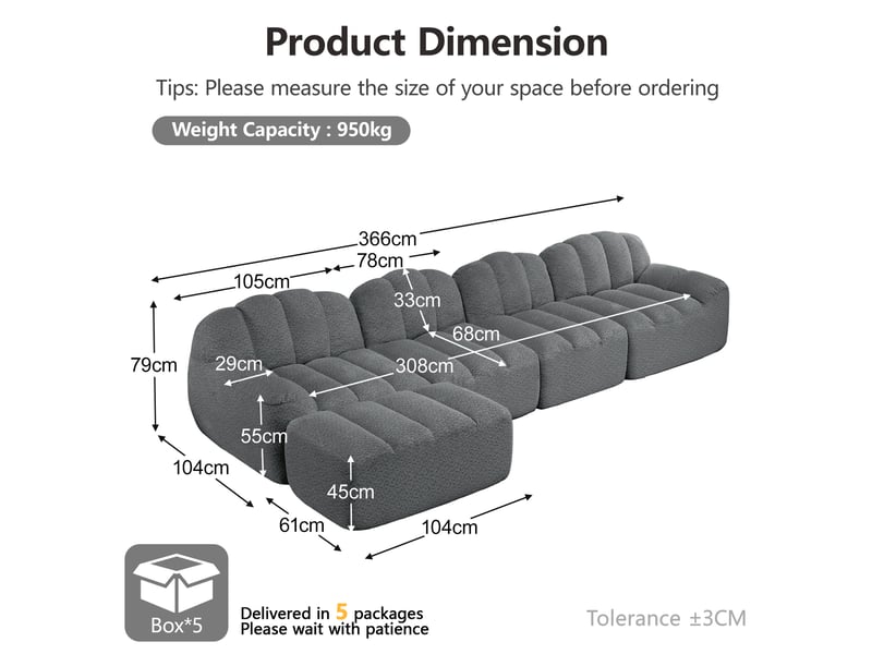 Canapé modulaire 4 places avec assise profonde, ottoman et soutien ergonomique en polaire texturée gris - Conforama E