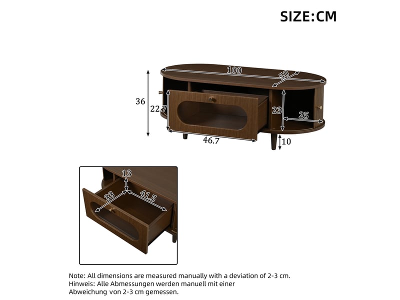  Table basse 100x50x36 cm avec tiroir et 2 portes à rideau en mdf coloris noyer  - Conforama E