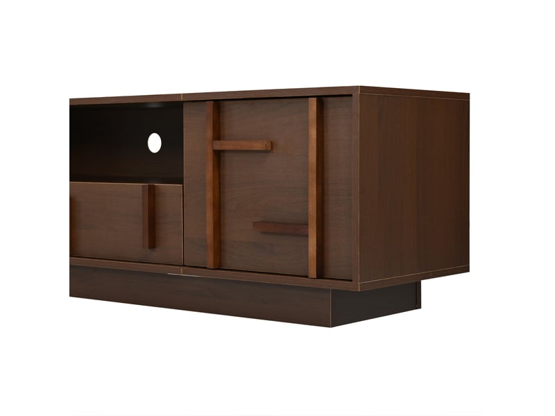  Meuble tv 180x40x45 cm avec 4 tiroirs et un porte en mdf, passage de câbles, couleur marron, design vintage  - Conforama E