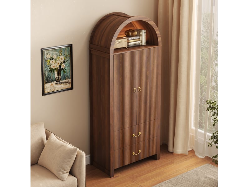 Buffet 76x38x180 cm, niche ouverte en arc, éclairage led, 2 portes et 2 tiroirs, mdf et panneau de particules, noyer - Conforama E