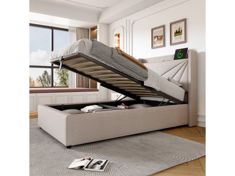  Lit coffre 90x200 cm, lit enfant avec tête de lit géométrique et port usb, tissu en coton beige, sans matelas  - Conforama C