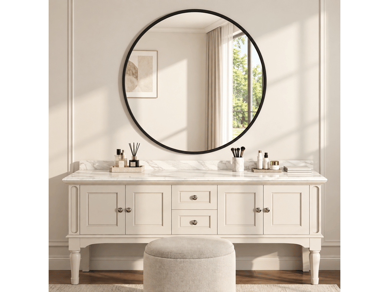  Miroir rond mural 75 cm, miroir de adapté à salle de bain chambre et salon, cadre aluminium renforcé incassable, verre trempé, noir  - Conforama C