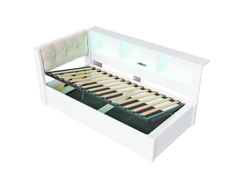  Lit de jour, canapé-lit, 90 x 200 cm, lit simple (sans matelas), suspension hydraulique, bande led à intensité variable, étagère pratique, port usb, pin, blanc  - Conforama E