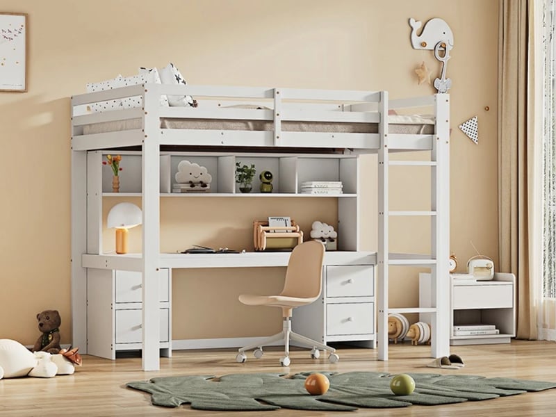  Lit mezzanine 90 x 200 cm, bureau en dessous, grand espace de rangement, garde-corps haut, blanc  - Conforama B