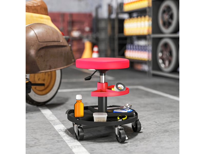  Tabouret d'atelier rouge avec roulettes et plateaux réglables en hauteur de 40 à 51 cm supportant jusqu'à 135 kg  - Conforama D