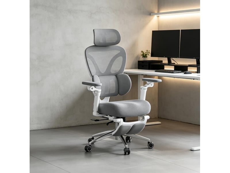  Chaise de bureau ergonomique pivotante avec repose-pieds, soutien lombaire et accoudoirs réglables en maille grise  - Conforama D
