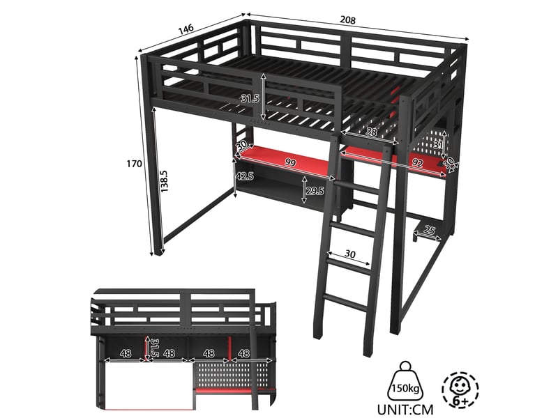  Lit mezzanine 140 × 200 cm 2 places avec bureau, led réglable et étagères, sans matelas, en mdf et métal noir  - Conforama D
