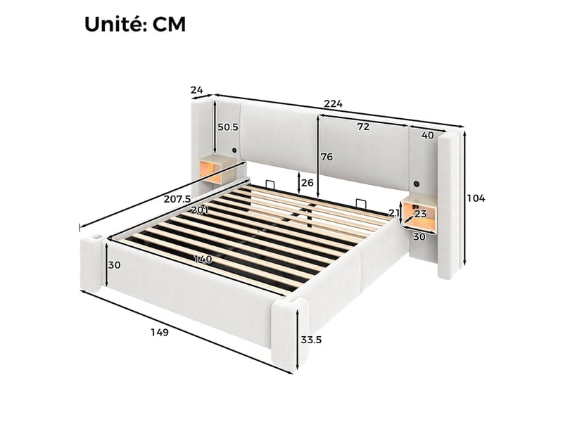  Lit coffre 140x200 beige capitonné avec led et rangement intégré sans matelas  - Conforama C