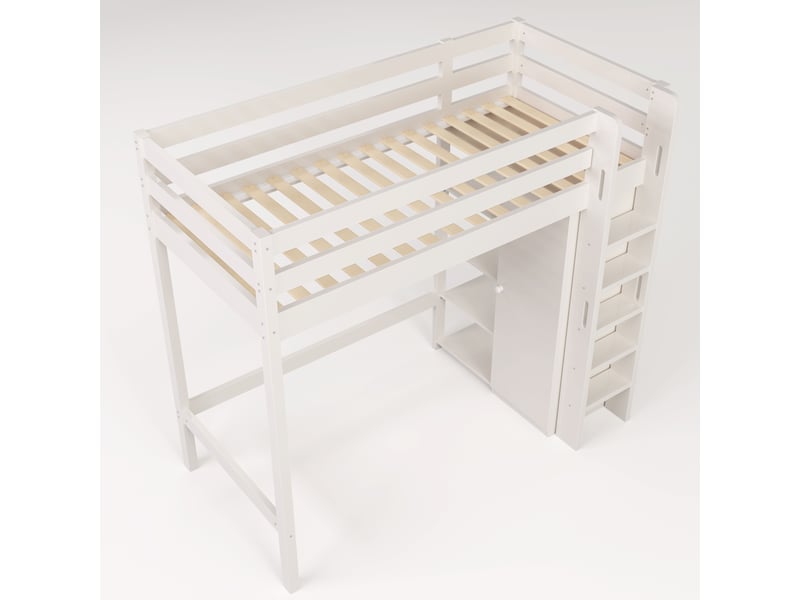 Lit mezzanine 90x200 cm avec armoire et 6 étagères - bois massif et panneaux blanc - 120 kg - Conforama A