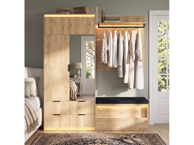  Vestiaire d'entrée modenvie avec armoire, miroir, banc rembourré et led 180 x 47 x 200 cm finition chêne clair anthracite  - Conforama D