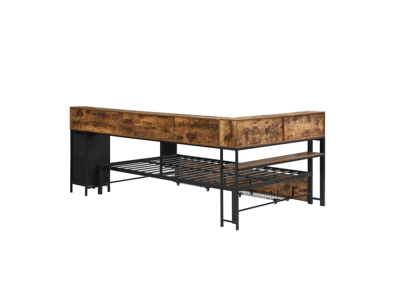 Lit métal 120×200 cm avec rangements, 2 tiroirs, étagères et prise, noir et naturel - Conforama E