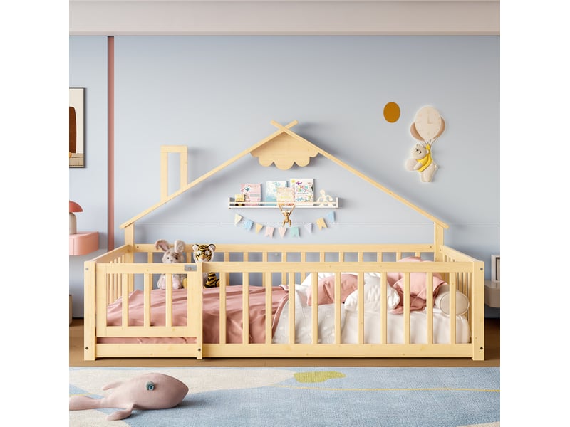  Lit cabane enfant ulevr 90x190 cm avec barrière de sécurité et serrure, structure maison, bois de pin et mdf, naturel  - Conforama D