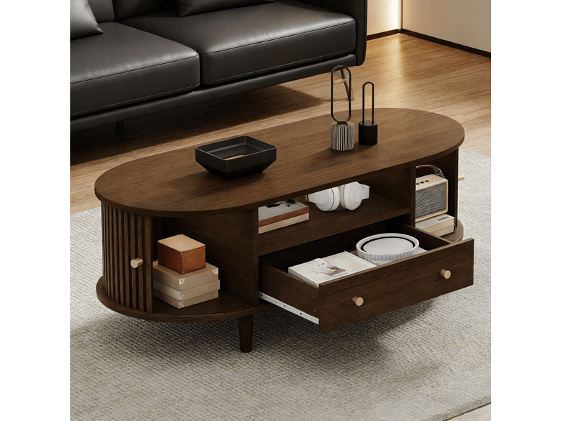  Table basse ovale 100x50x36 cm, table d'appoint, 50 kg, tiroir et porte, en mdf, table de salon à 4 pieds, noyer  - Conforama E