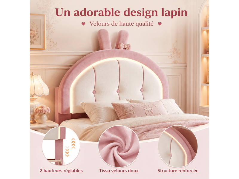  Lit enfant fille 90x200 avec tiroir - led rgb réglable - tête de lit avec oreilles de lapin - sommier - lit une place - velours rose  - Conforama C