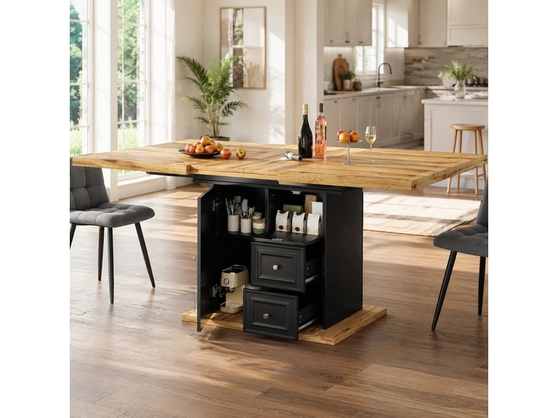  Table de salle à manger extensible avec 1 porte, 2 tiroirs et rangement en mdf 110–140×80×75 cm bois naturel  - Conforama B
