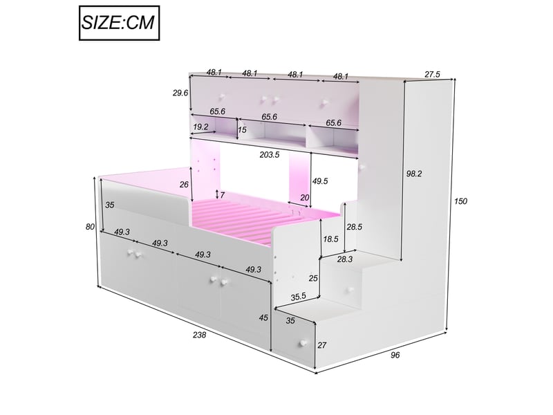 Lit enfant 90x200 cm avec rangements, armoire, échelle et led blanc - Conforama C