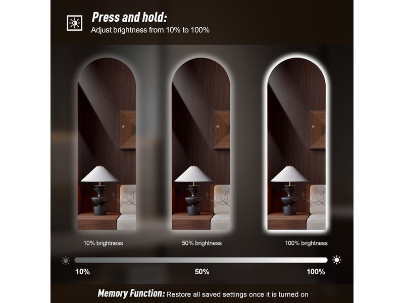  Miroir led pleine longueur arqué 165 x 50 cm, rétroéclairé et dimmable, 3 températures de couleur, commande tactile, mémoire et verre trempé  - Conforama E